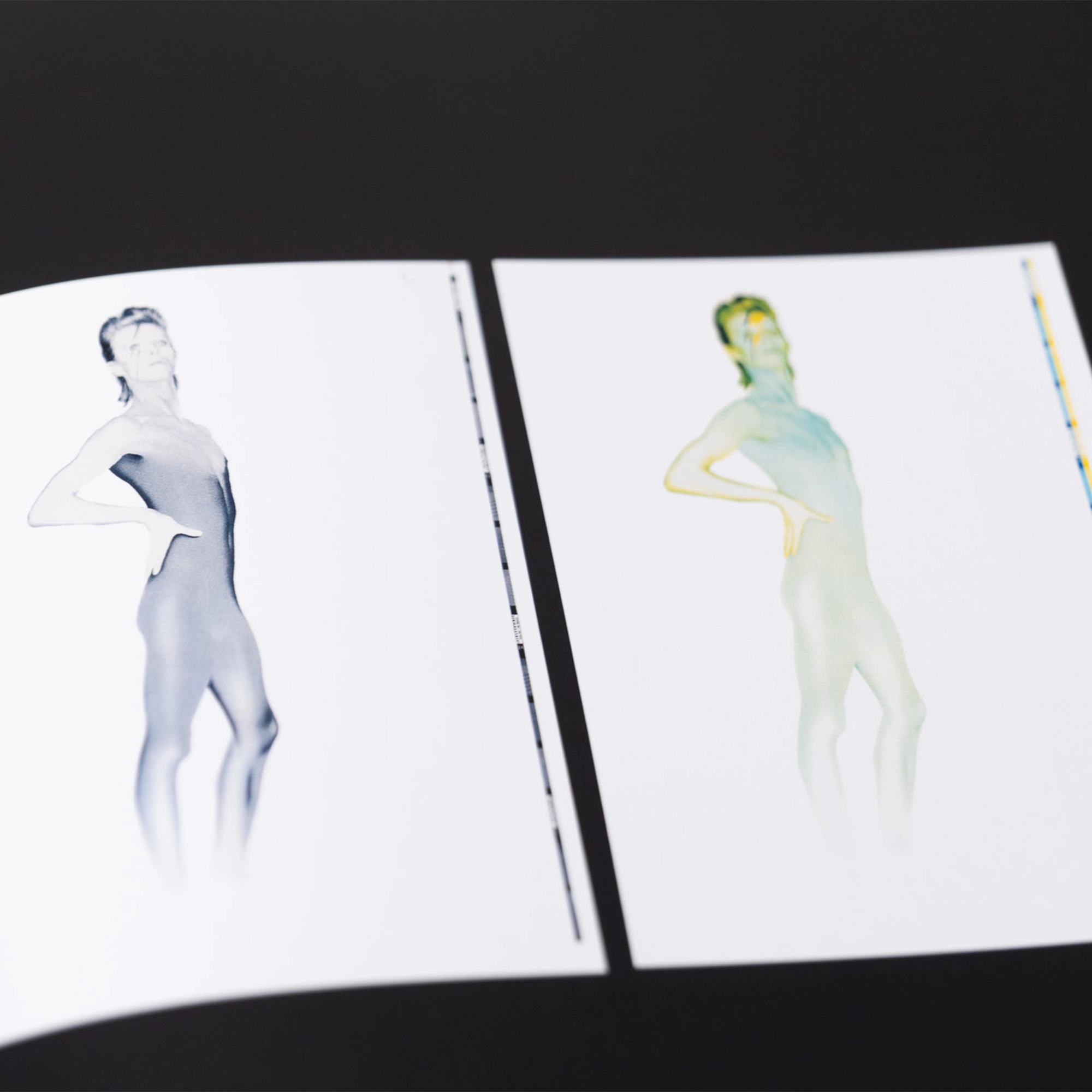 An interior pair of photographs of Bowie in stylishly overexposed photography